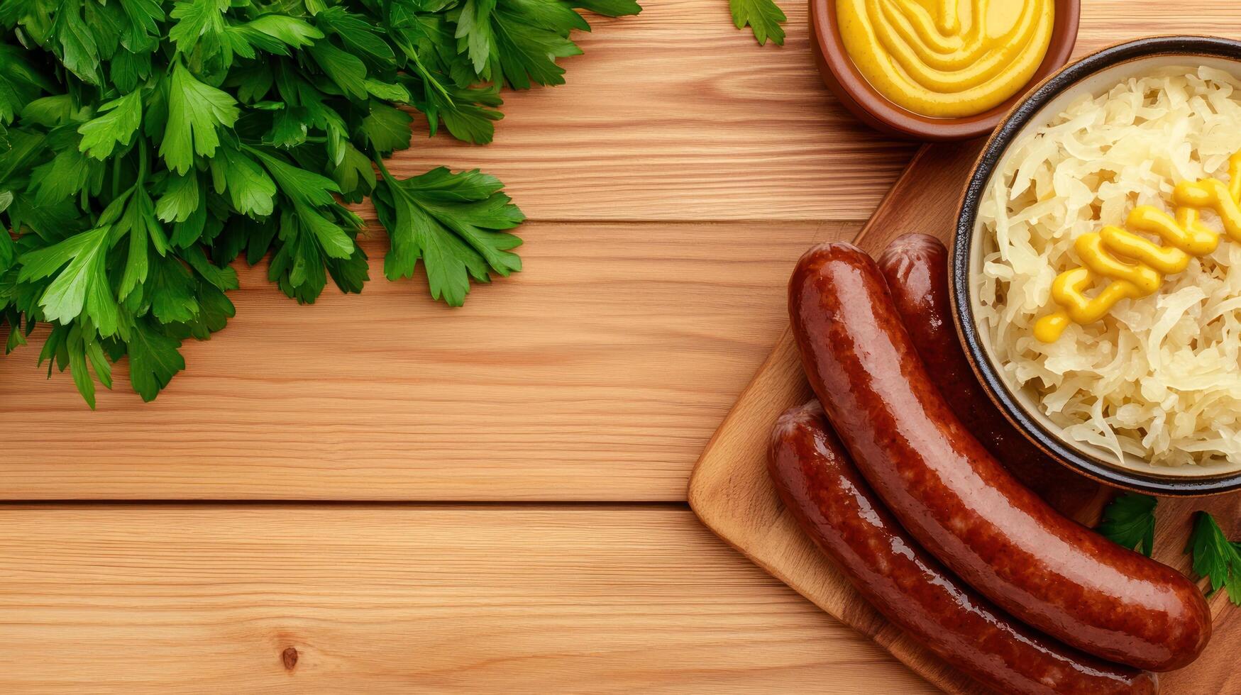 Sausage sauerkraut meal, topped with mustard sauce, with parsley garnish, on wooden table photo