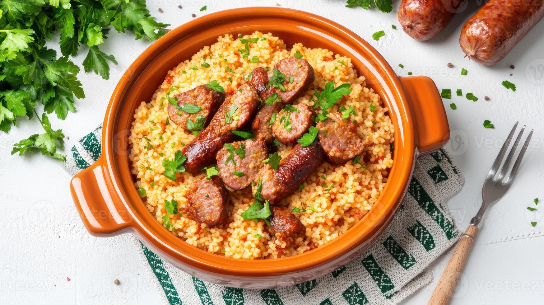 Sausage with couscous in a clay pot on a patterned cloth with herbs around. Lunch ad material photo