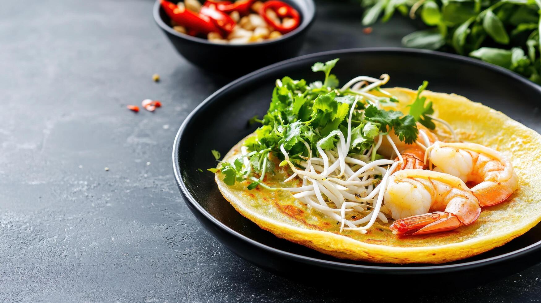Savory crepe with shrimp greens in bowl. Delicious dish for restaurant menu or food blog photo