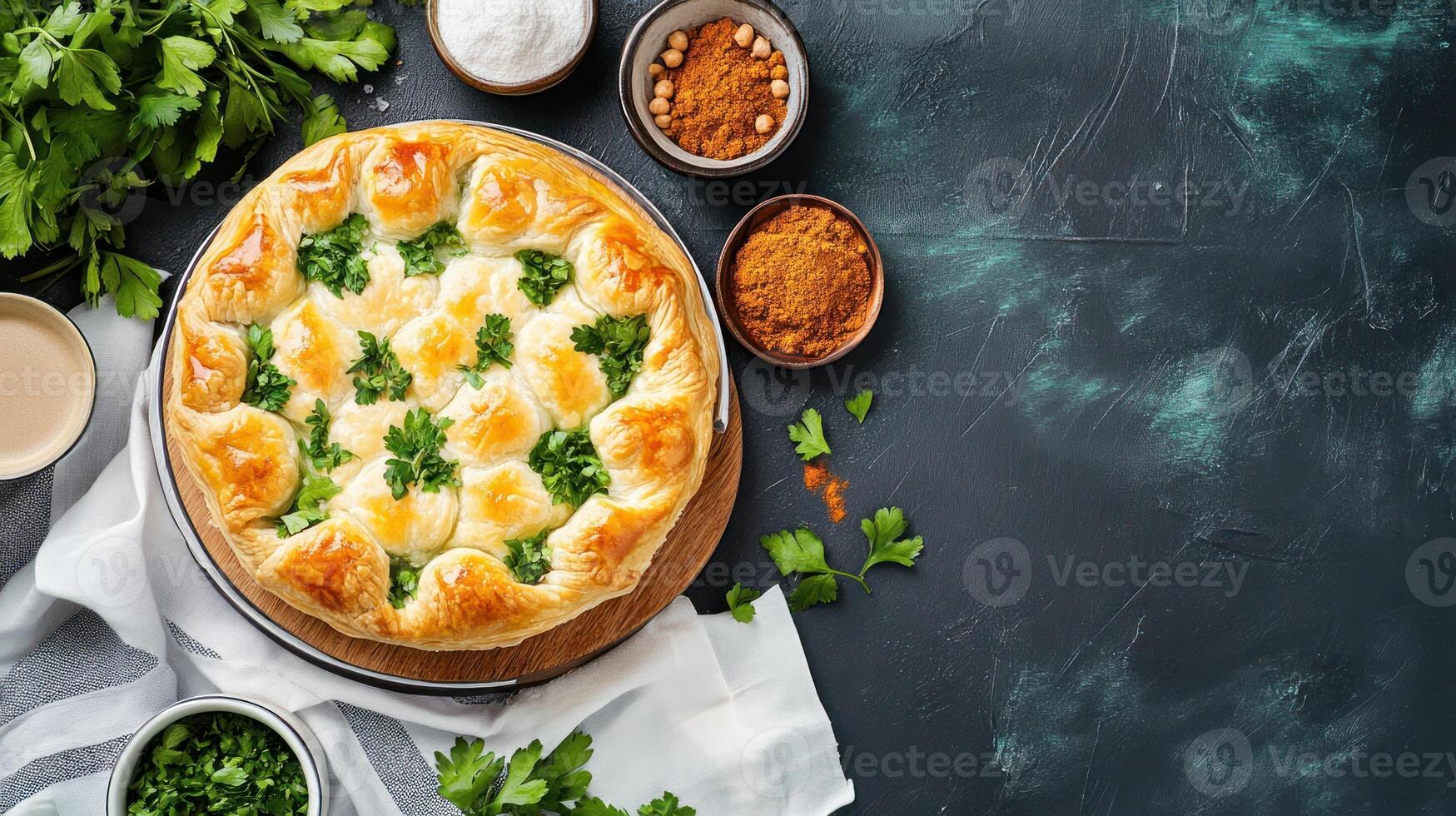 Savory pie with herbs. Food photography. Cooking ingredients in bowls on textured background photo