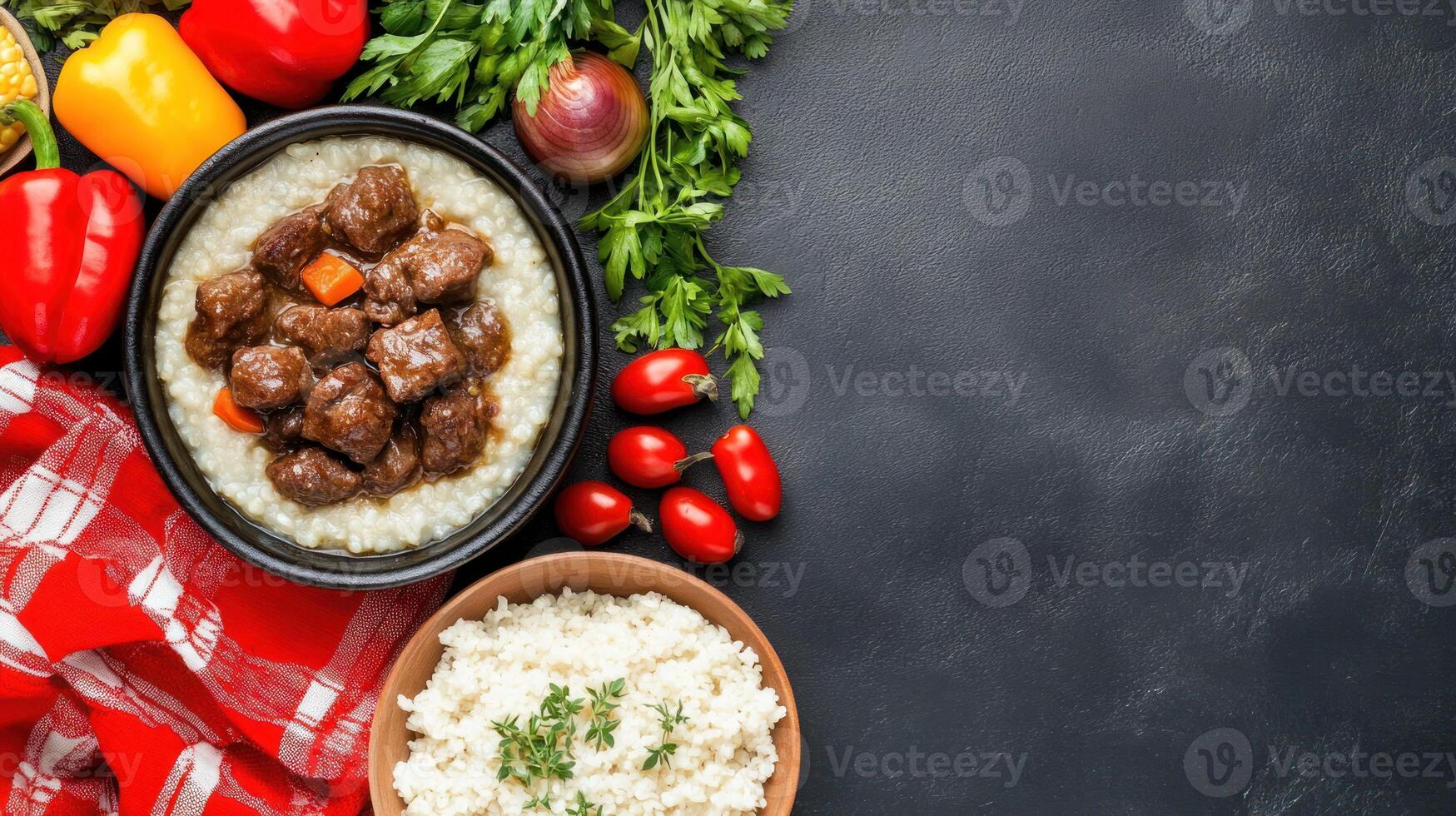 Savory stew with rice and colorful peppers on a dark surface with herbs, used for food blog photo