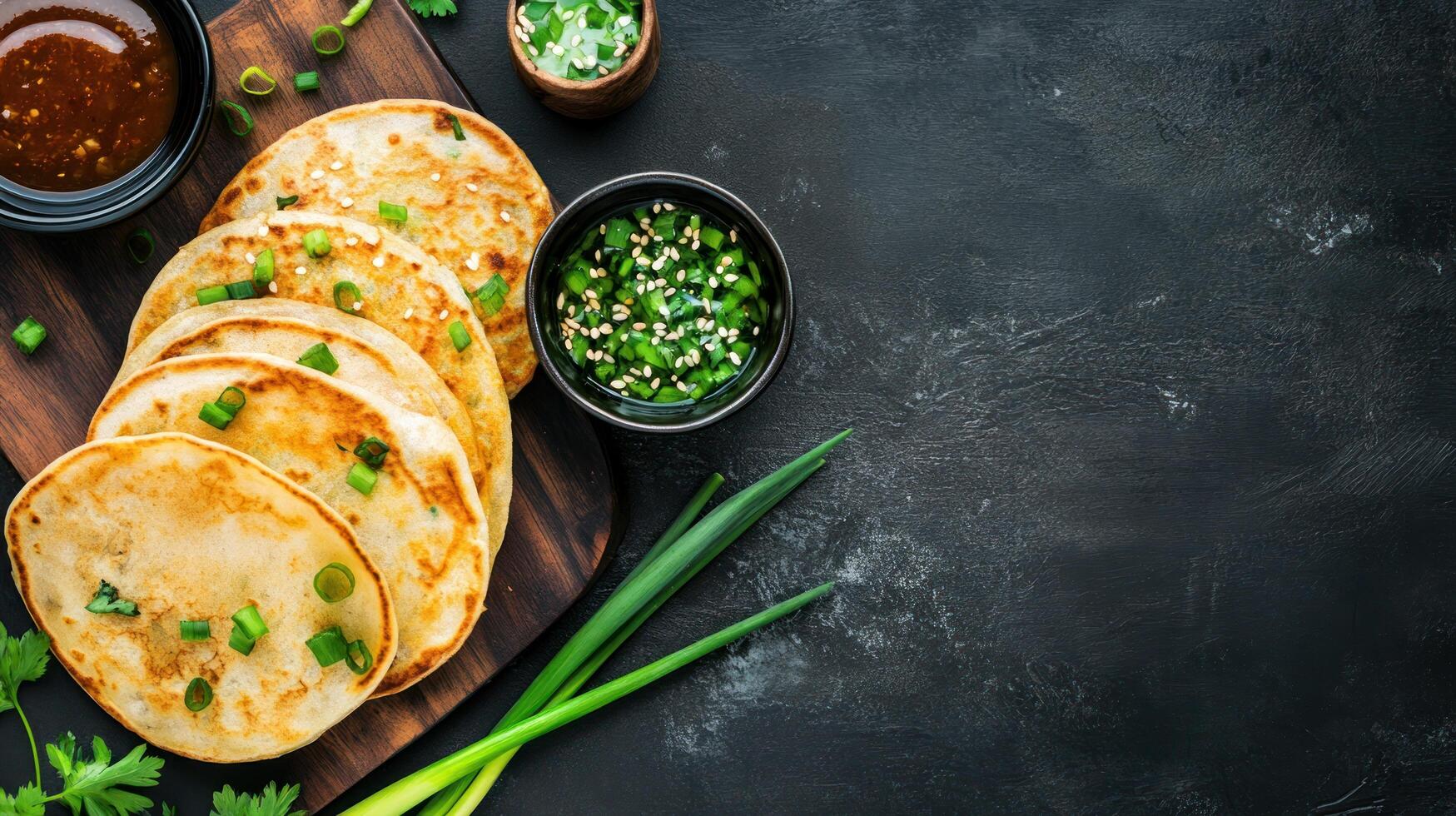 Scallion pancakes sit on wood board sauces and chives are visible. Blank space for text photo