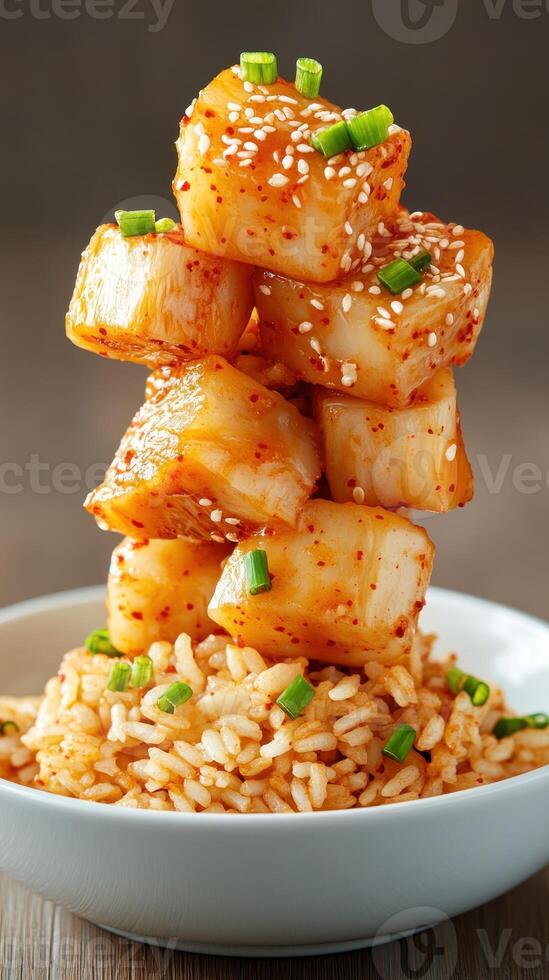 Scallops with rice stack presentation, healthy balanced diet, served in a white bowl photo