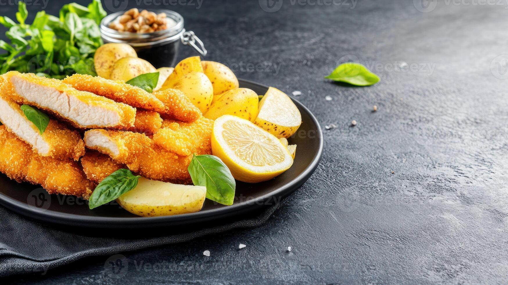 Schnitzel meal with boiled potatoes and herbs in the background on a dark background. Stock photo