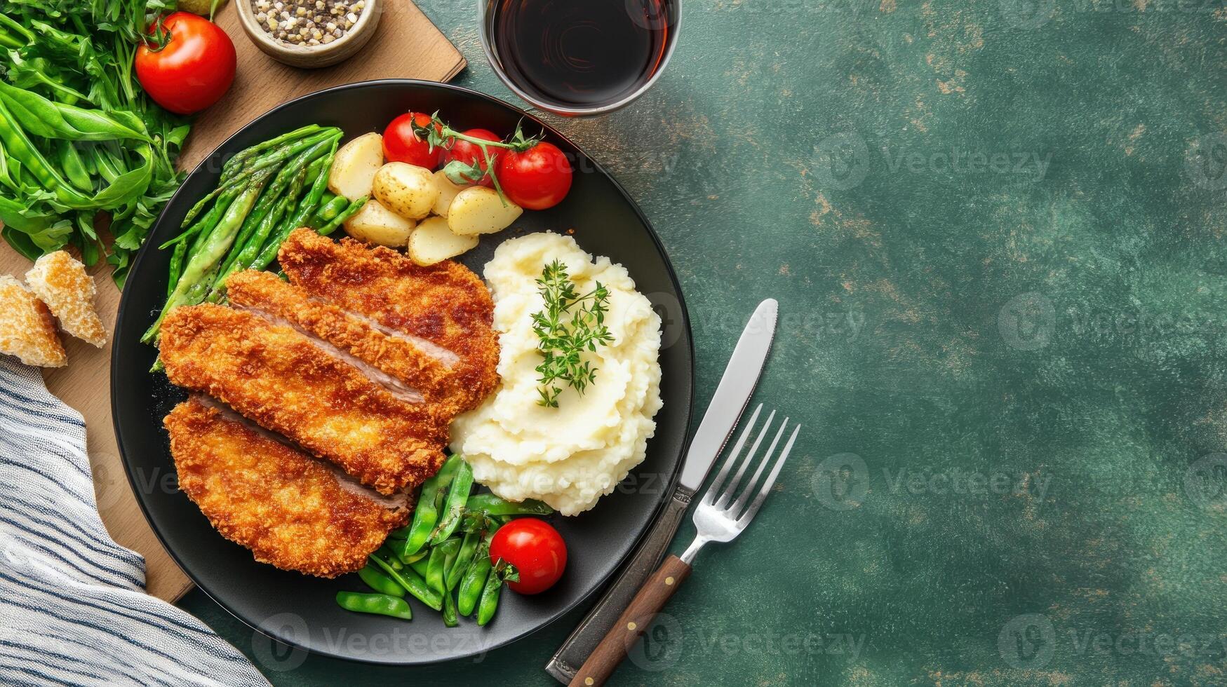 Schnitzel dinner with green beans, potatoes, and tomatoes on a textured background for a food blog photo