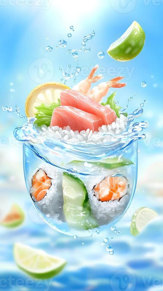 Seafood mix in glass with splashing water, on sky, for recipe, or refreshing drink ads photo