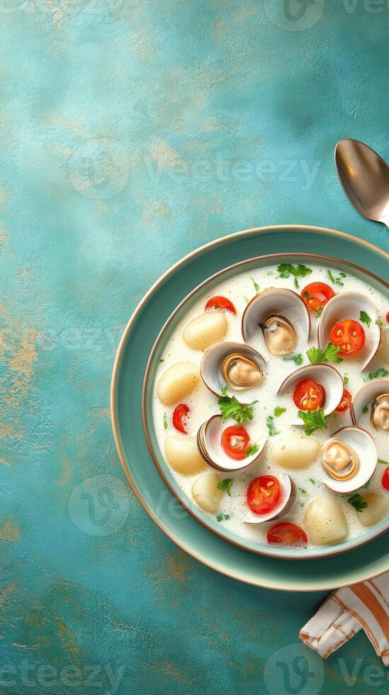 Seafood Chowder A close up of a bowl of hearty soup with tomatoes, and clams on a colorful backdrop photo