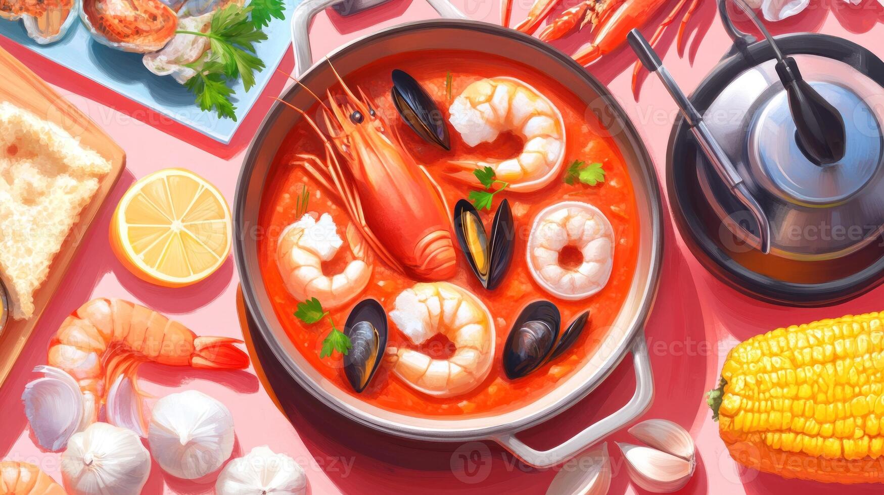 Seafood soup in pot on table. Cooking meal with shrimp, mussel. Food photography and recipe photo