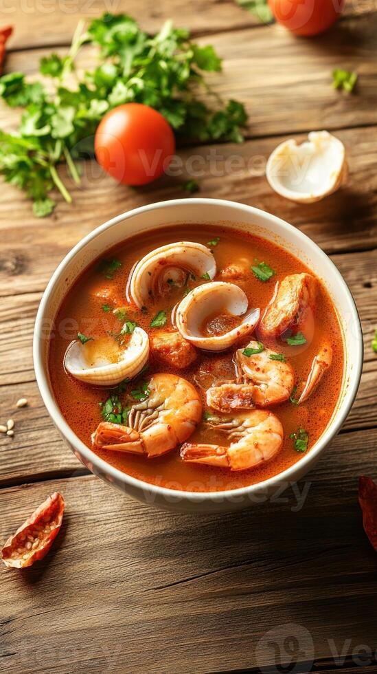 Seafood soup with shrimps, shells, tomatoes, and cilantro on wooden background. Use Food blog photo
