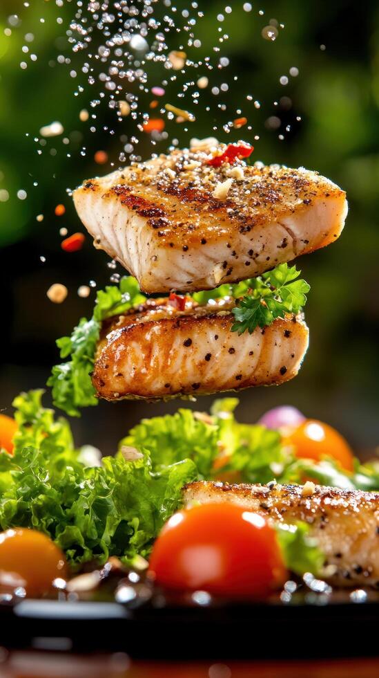 Seasoning being poured on a dish of fish and vegetables outside, in garden setting photo