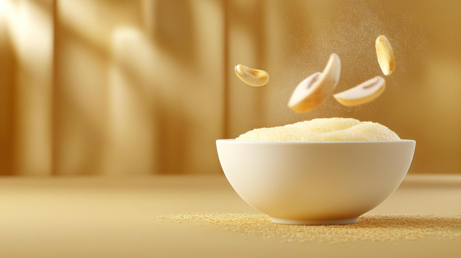 Semolina falling into a bowl on table, blurred backdrop, for use in culinary promotions photo