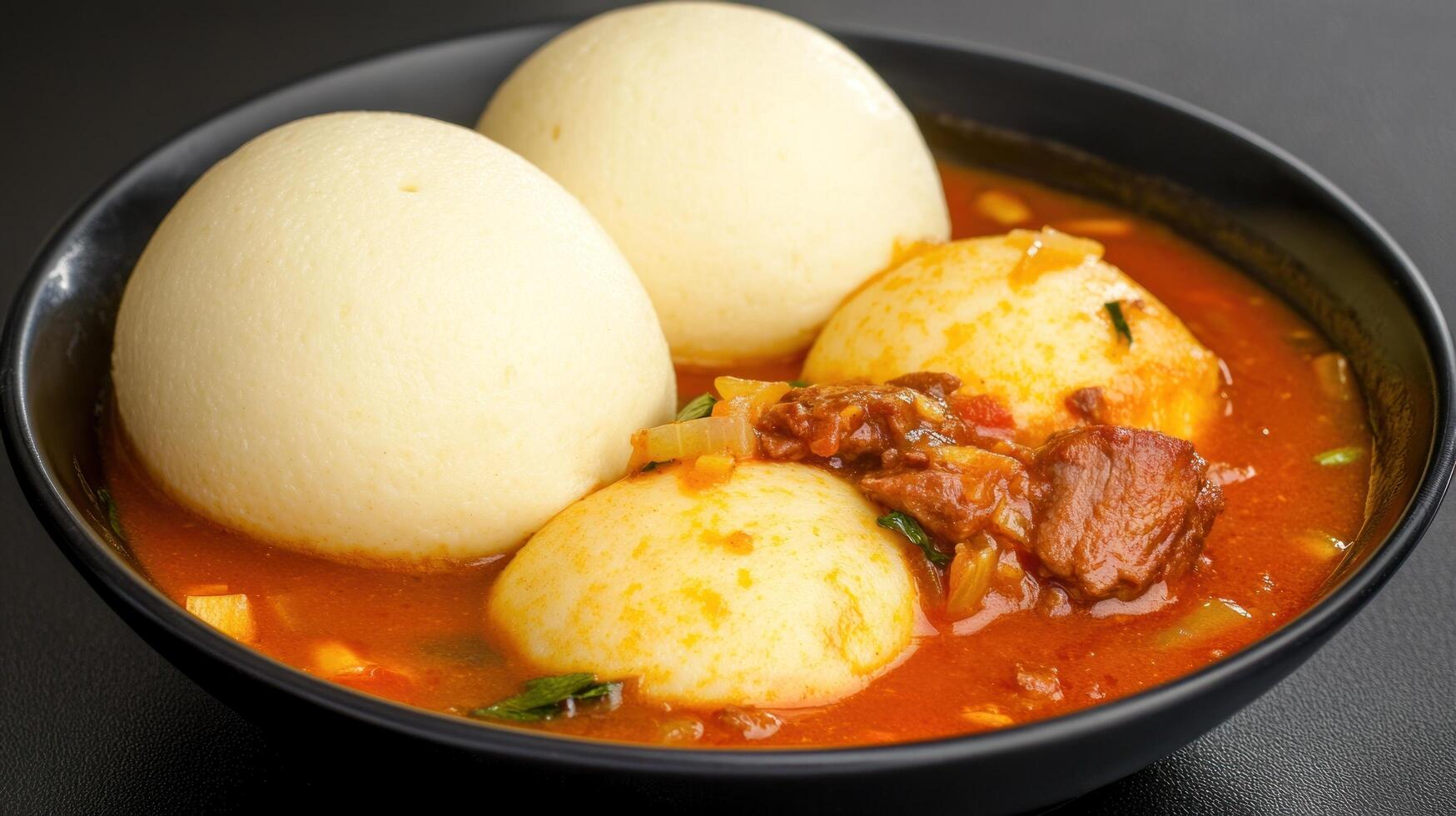 Semolina dumplings with stew served in a bowl. Background shows dark surface. Food photography photo