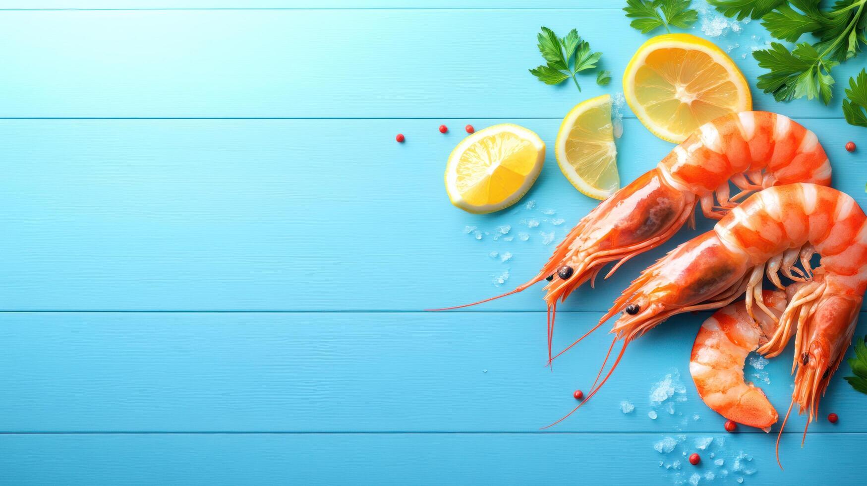 Seafood still life. Shrimp served with lemon and herbs on a blue wooden background. Food photography photo