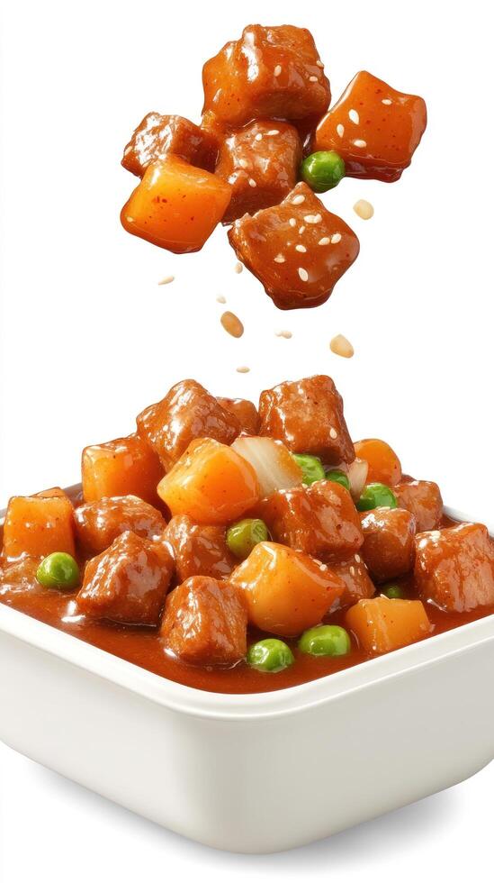 Serving of sweet and sour pork with rice and vegetables. Food service ads, blog posts photo