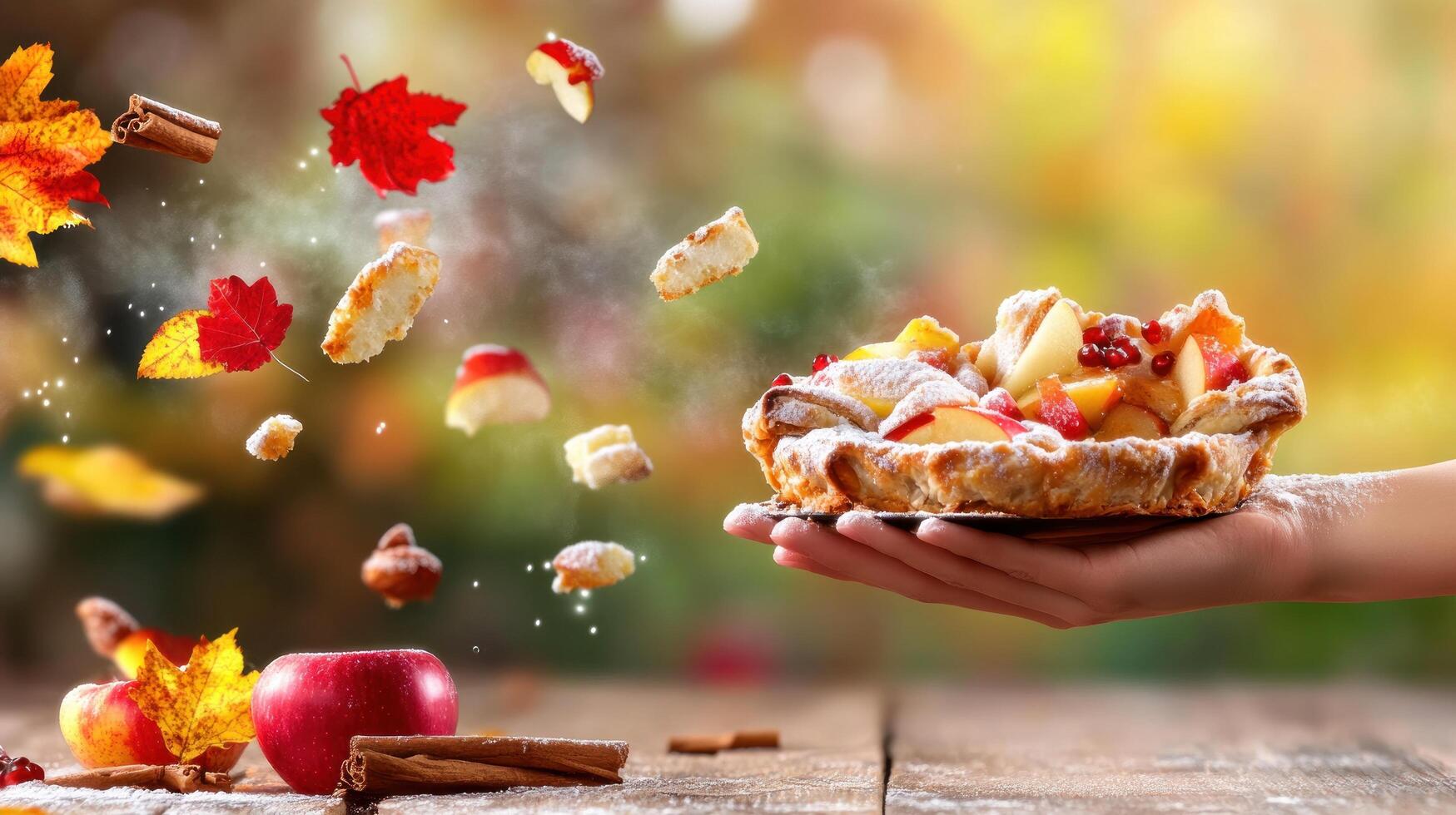 Serving apple pie with autumn leaves in air. Possible holiday food ad material photo