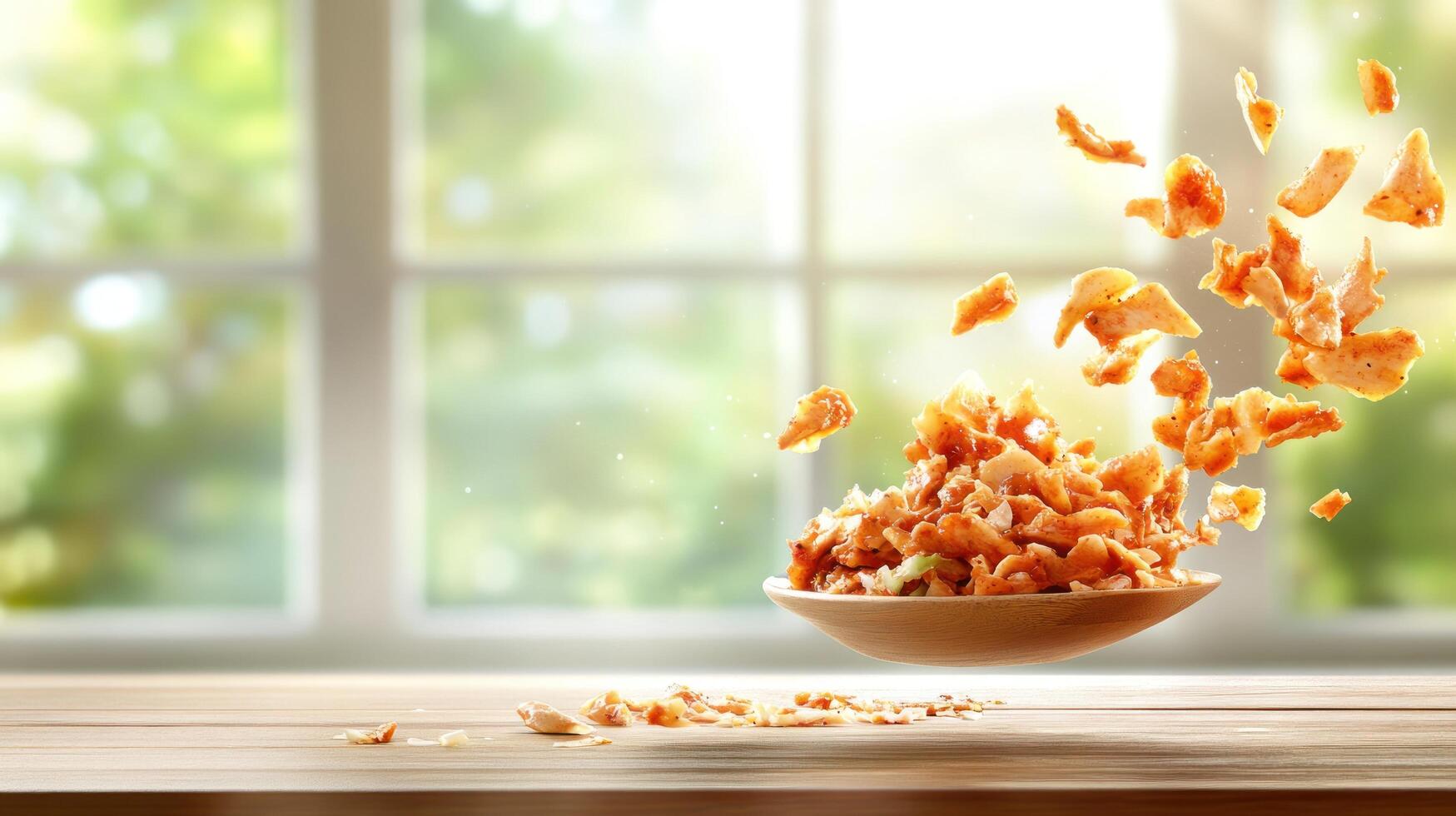 Shawarma falling from bowl on table with blurred garden in background. Possible food marketing image photo