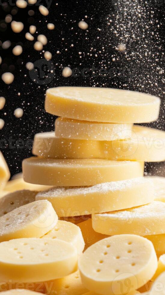 Shortbread stack with sugar falling for dessert recipe use, on a black background photo