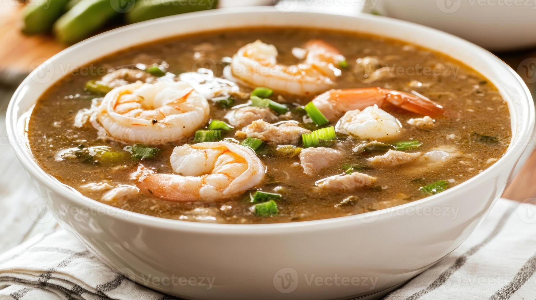 Shrimp and chicken gumbo in bowl, a traditional Creole soup on a table. Food photography photo
