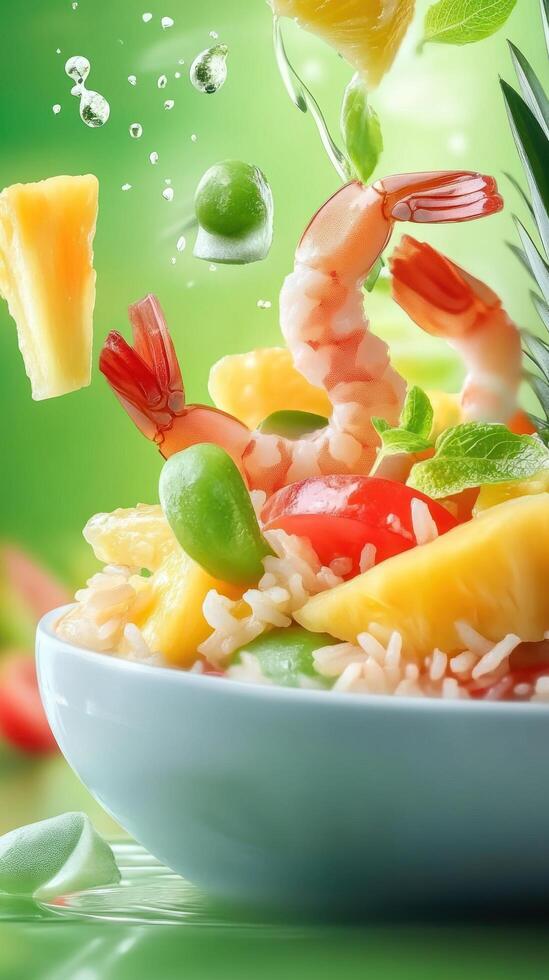 Shrimp and fruit salad is prepared in bowl, with green background, ready to serve photo