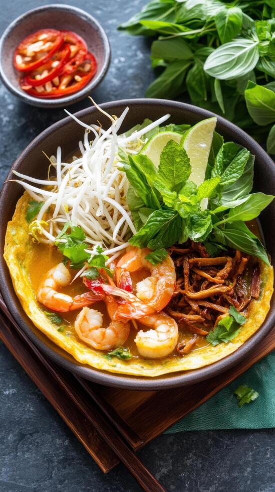 Shrimp and herb pancake being served with spicy red peppers for a restaurant's appetizer menu photo