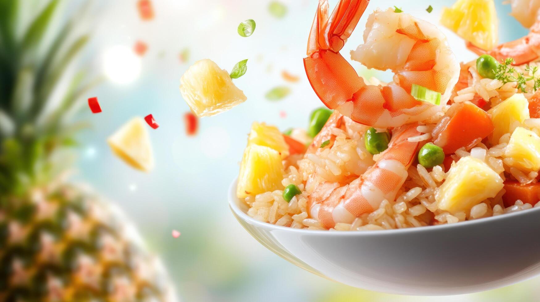 Shrimp and pineapple rice being served. Garden background. Possible ad for food blog or recipe photo