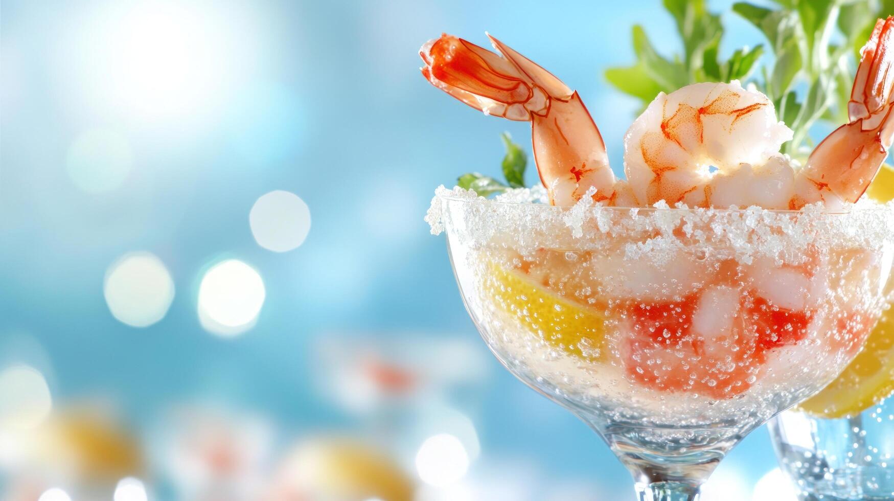 Shrimp cocktail appetizer with lemon slices, herbs, and sauce in a glass for fine dining photo