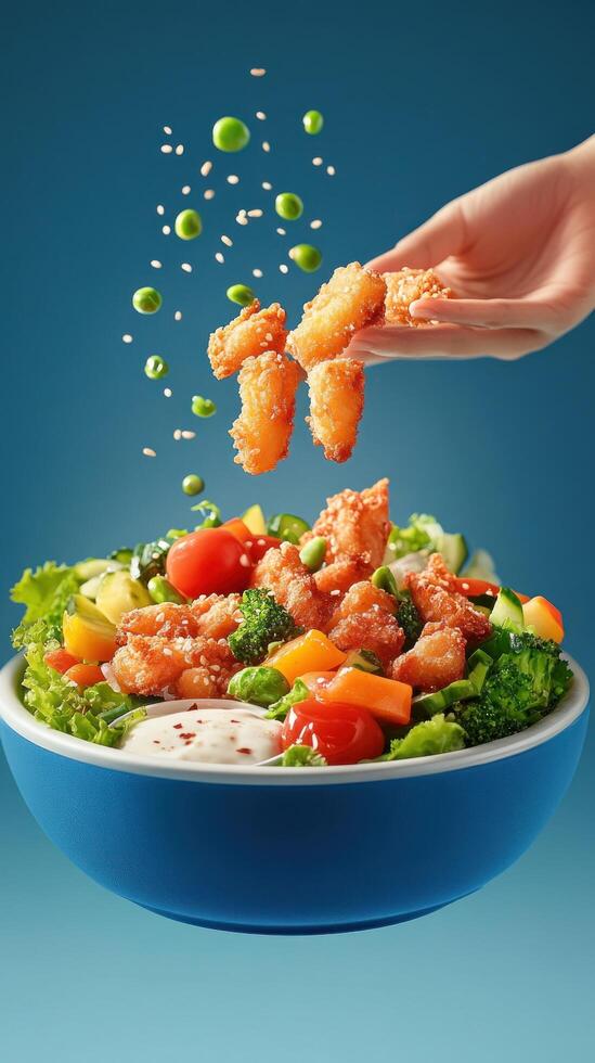 Shrimp being added to fresh salad bowl filled with vegetables on a blue background for advertisement photo