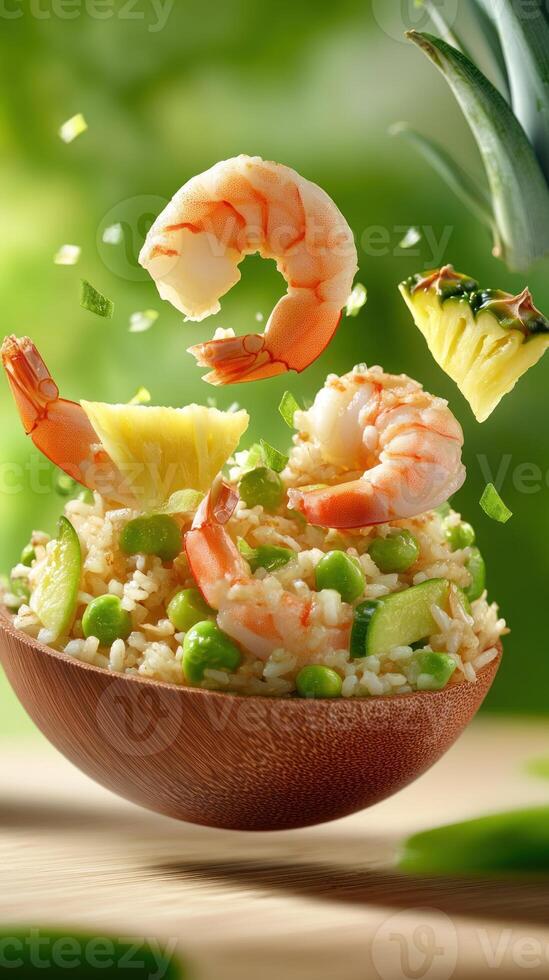 Shrimp and rice with pineapple served on a wooden bowl with green plants in the background photo