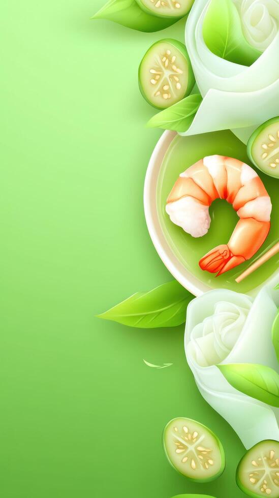 Shrimp dish on plate with garnish, a culinary creation suggesting healthy cuisine, cooking background photo