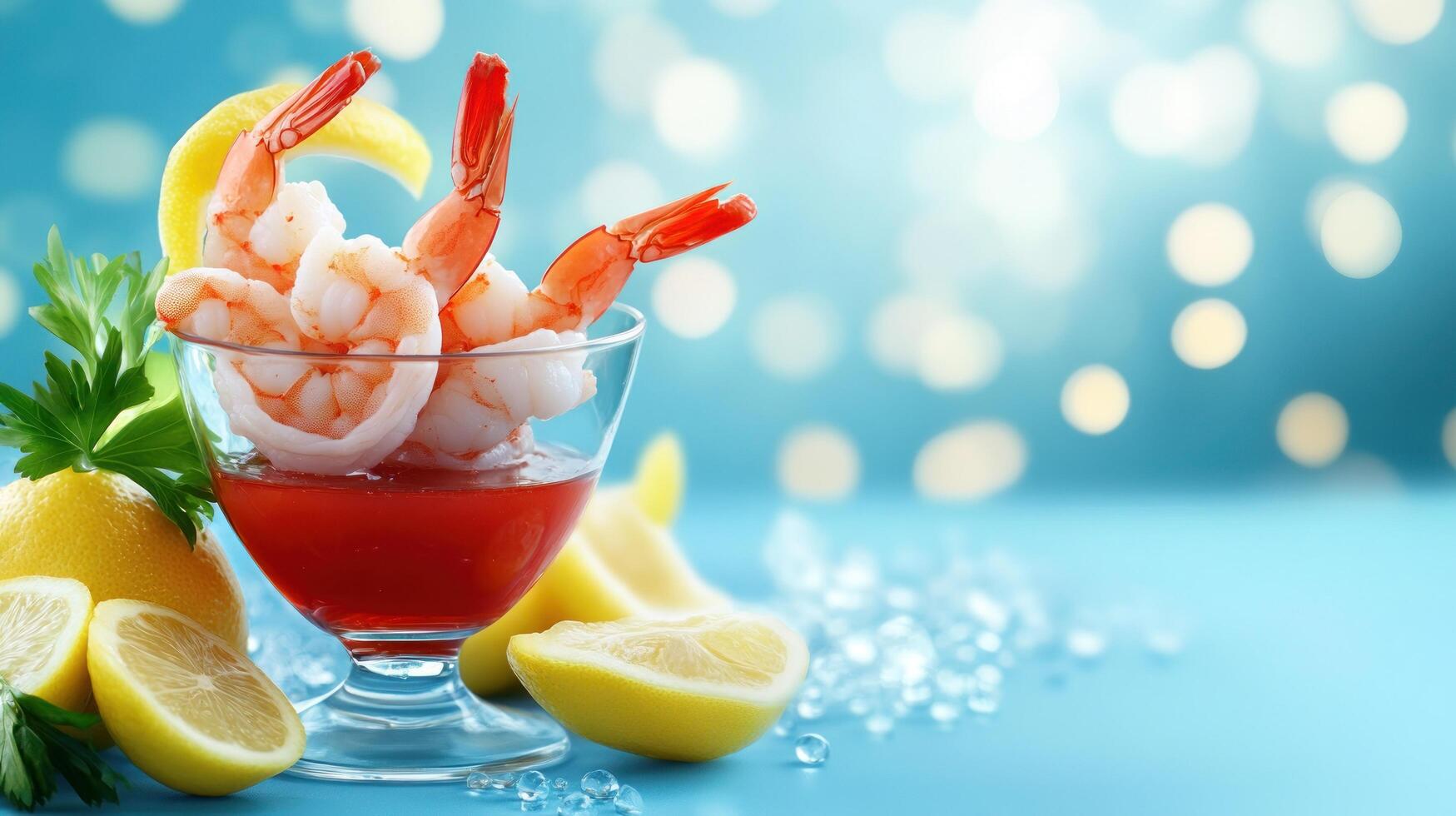 Shrimp cocktail with lemons on ice. Light blue background with white bokeh dots. Dinner appetizer photo
