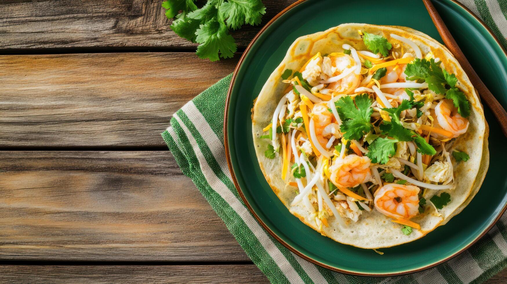 Shrimp crepe with sprouts and parsley on green plate. Healthy and gourmet lunch idea photo