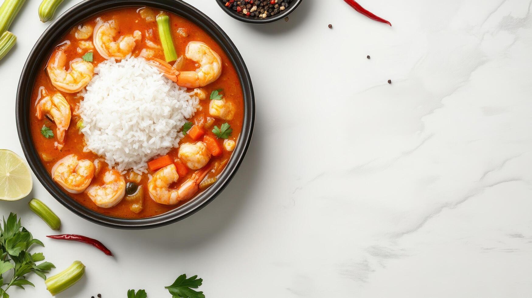 Shrimp etouffee with rice served on plate on counter, cooking ingredients around it, food blog photo