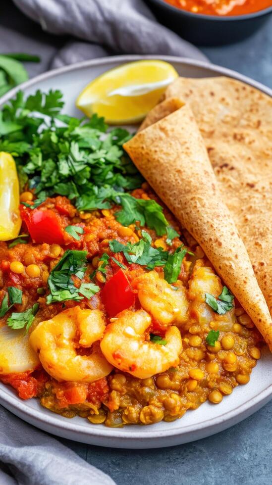 Shrimp curry with flatbread, lemon, and herbs on a plate for meal plan inspiration photo