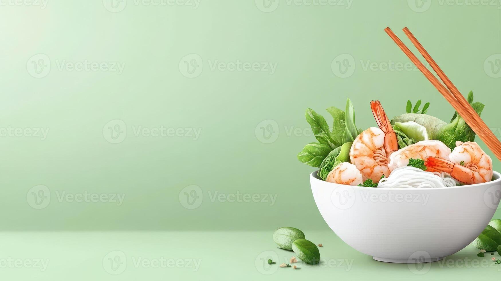 Shrimp noodle bowl. Fresh greens and chopsticks. Healthy asian meal in a clean background photo