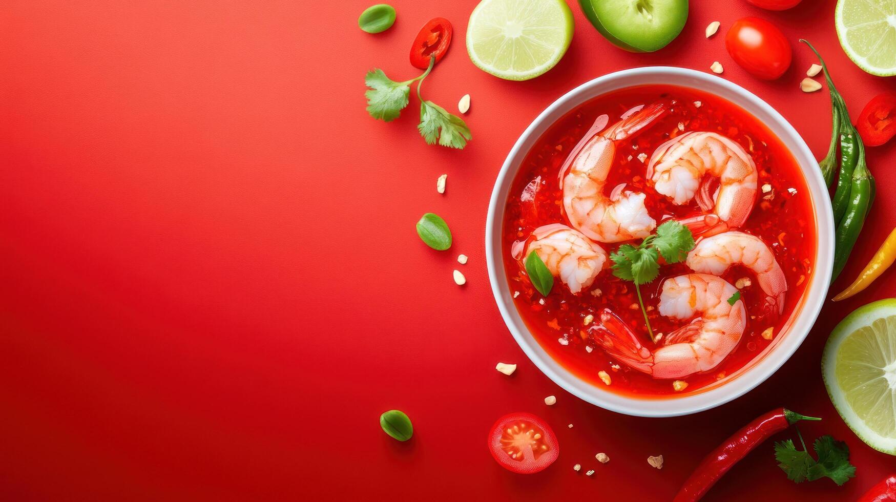 Shrimp in bright red soup served with lime, tomatoes and chilies, for gastronomy menu photo