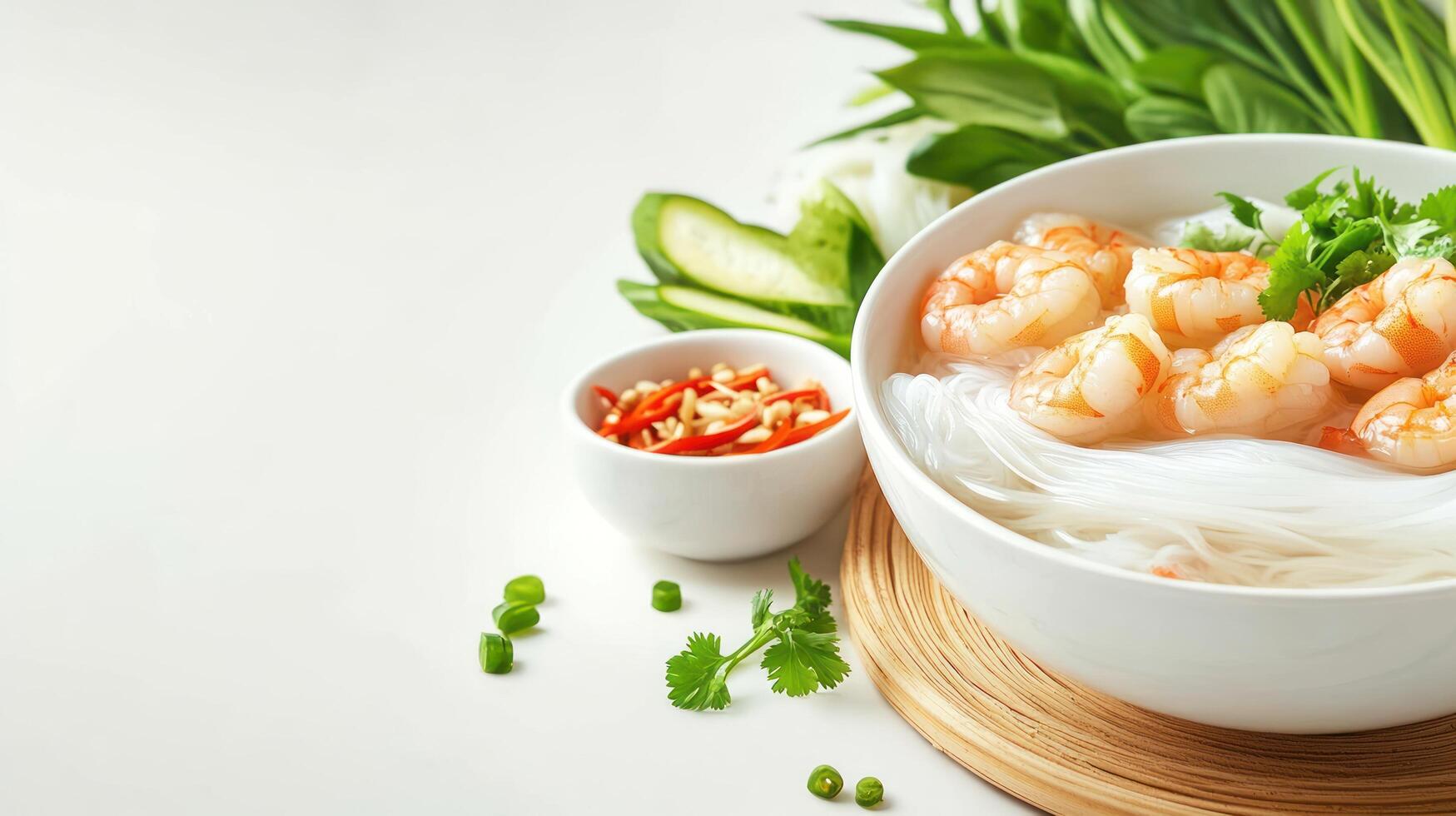 Shrimp Noodle Soup Close up of asian dish on white background. Possible use Food blog photo