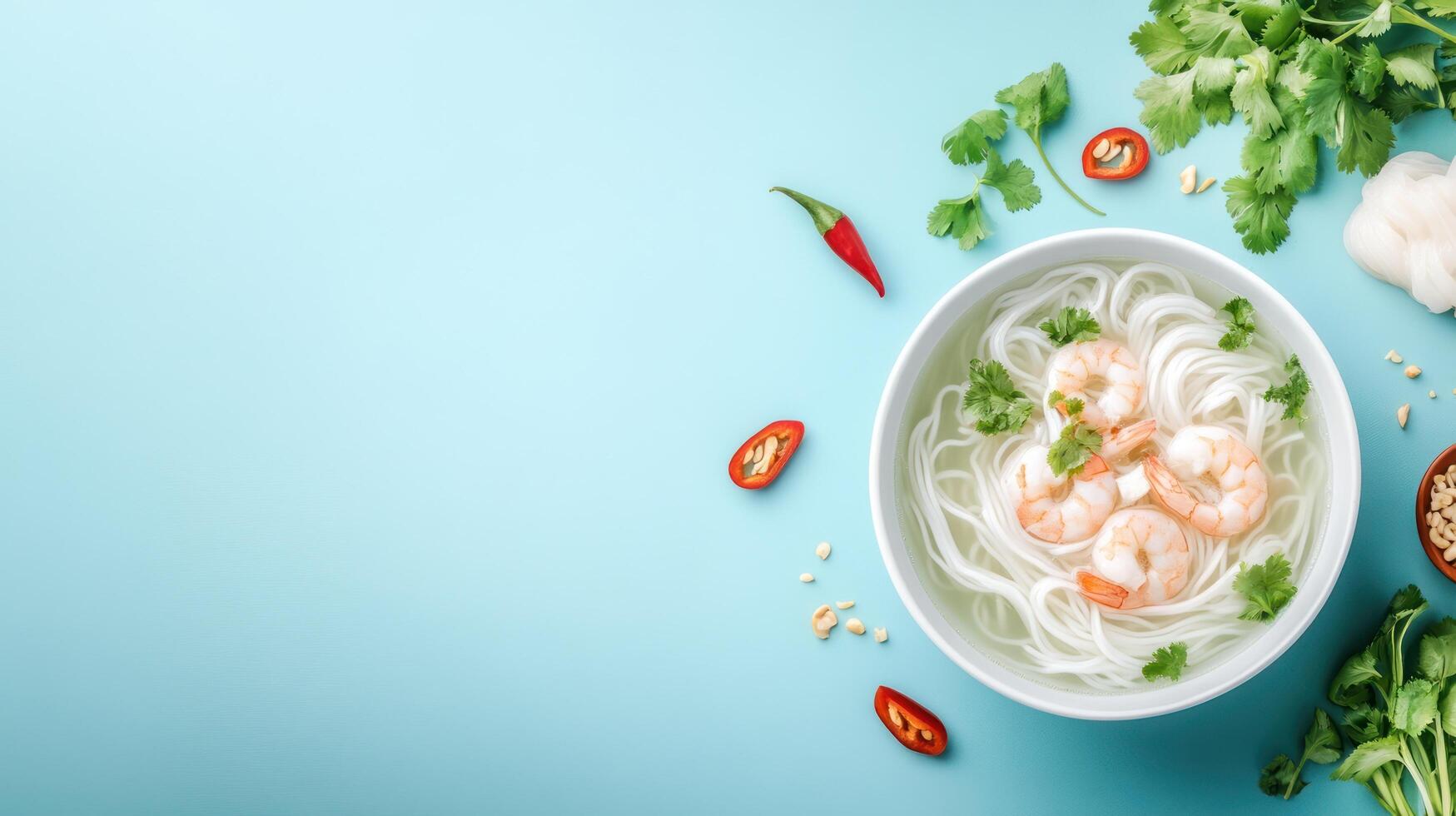 Shrimp noodle soup with herbs and chili on light blue background for use in restaurants photo