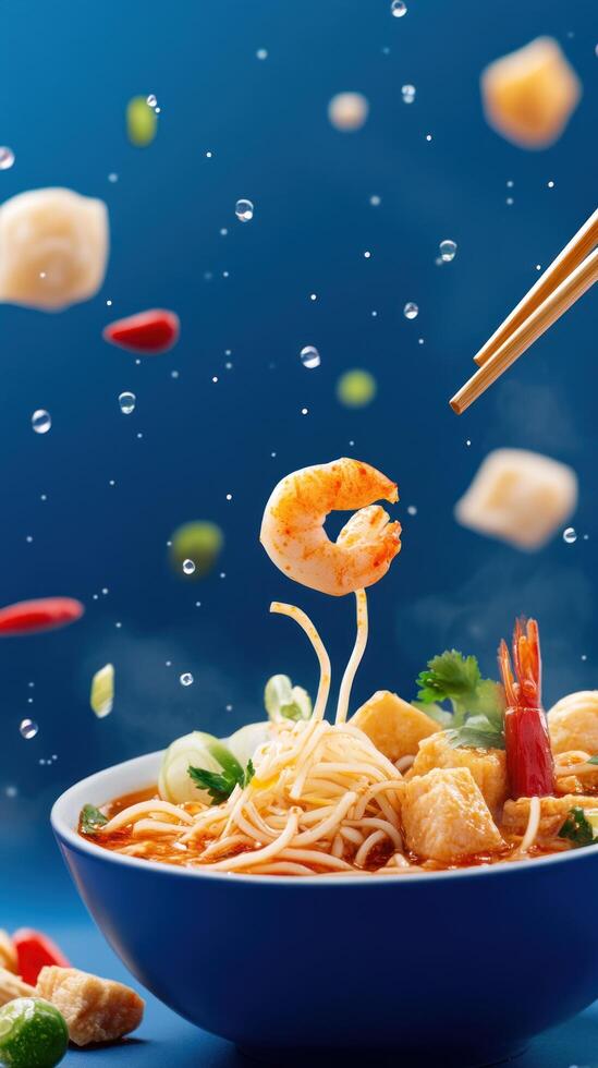 Shrimp noodle soup with ingredients floating, served with chopsticks, restaurant menu photo