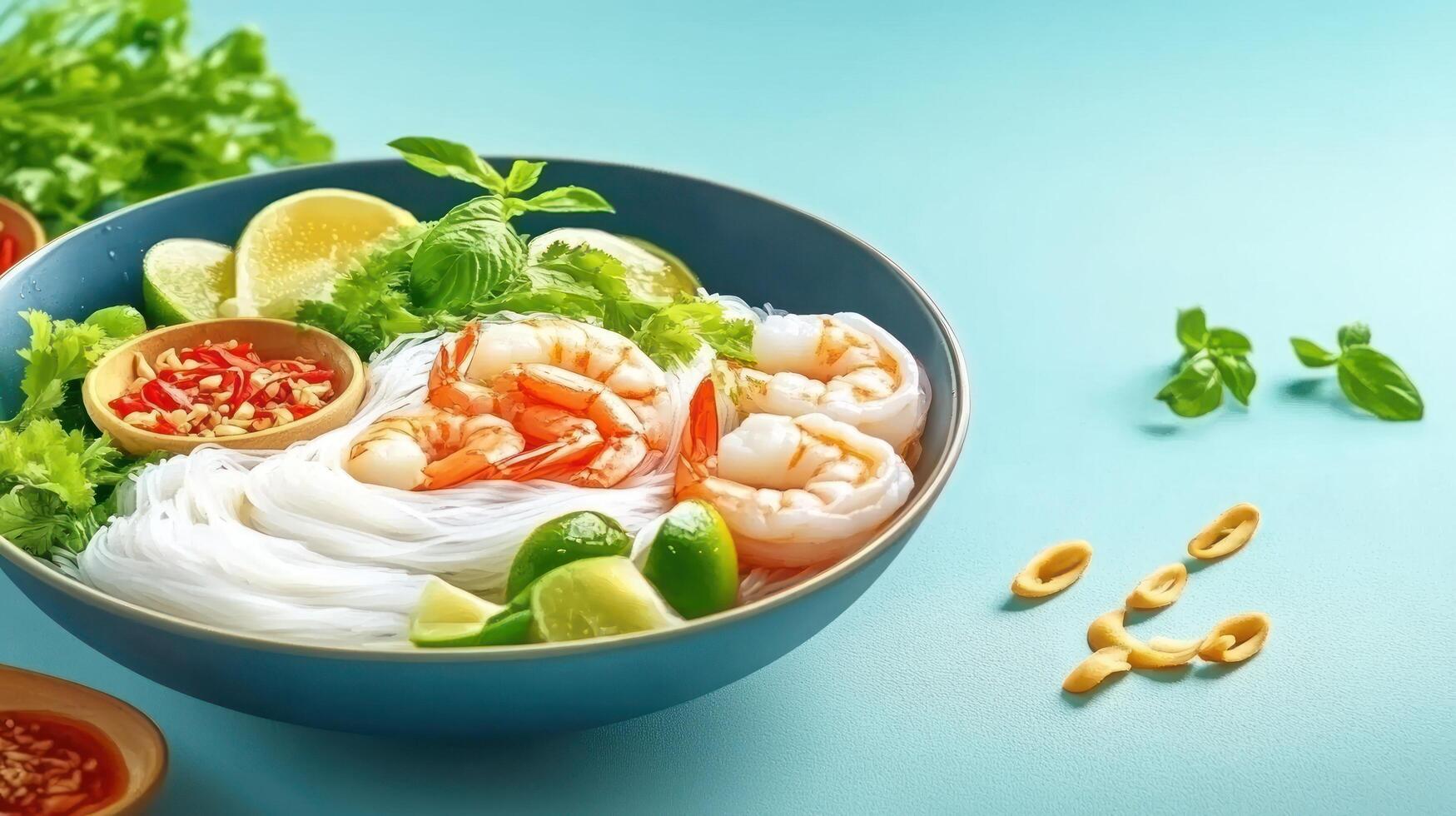 Shrimp noodle salad with lime in a bowl on light blue table for lunch, and cooking recipe photo