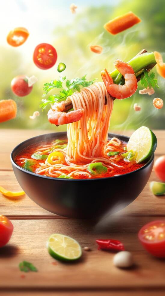 Shrimp noodles floating, garden background, food blog, cooking recipes photo