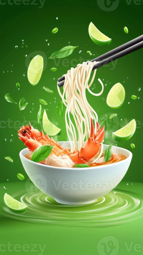 Shrimp noodle soup with lime basil, chopsticks hold noodles, vivid green background for food ads photo