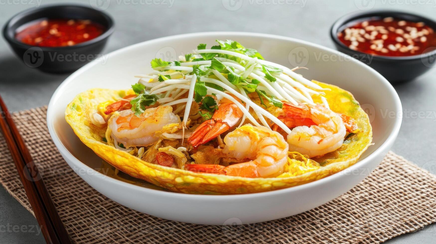 Shrimp Pad Thai in a bowl with sprouts, served with spicy sauce. Top view for website food ads photo