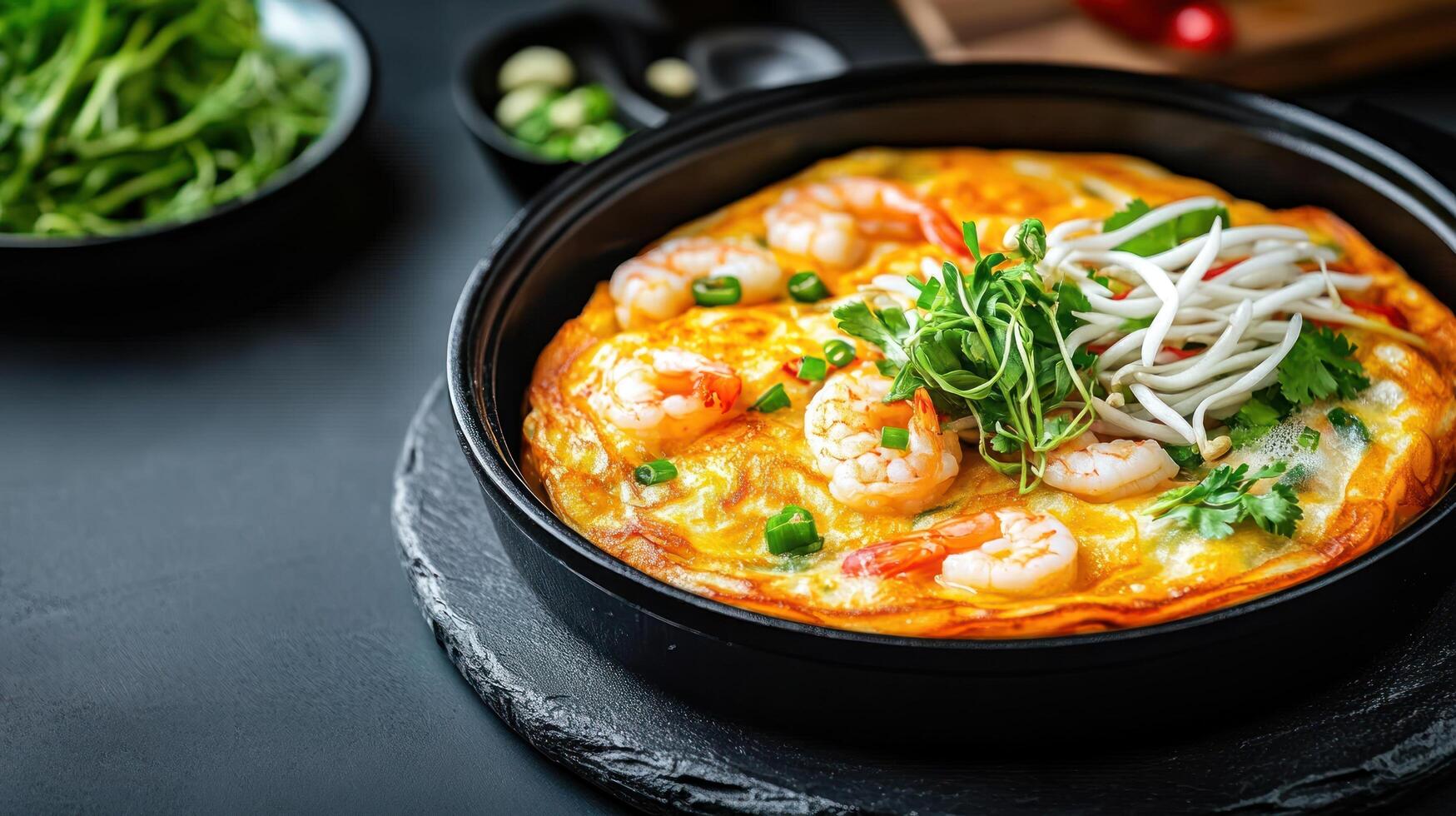 Shrimp omelette with sprouts and herbs is cooking in a pan on a black background, ready to eat photo