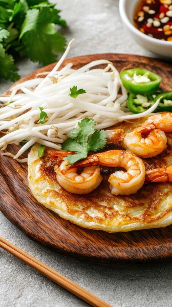 Shrimp pancake served with beansprouts and sauce on a wood plate for healthy eating photo