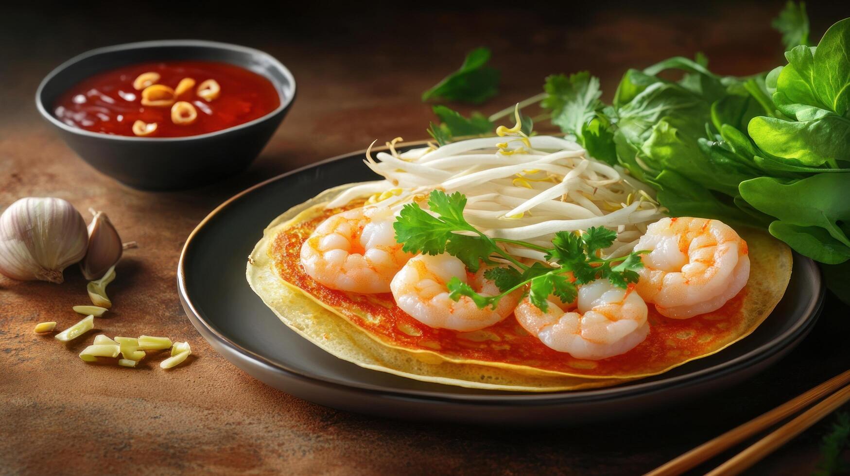 Shrimp pancake close-up shot, served with leafy greens and dipping sauce. Culinary still-life recipe shot photo