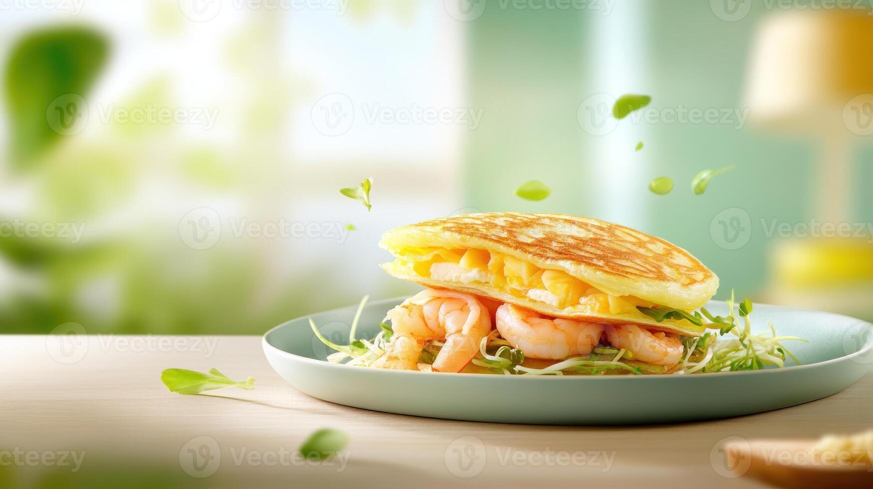 Shrimp pancake with sprouts on a plate on table in a bright room for food advertisement photo