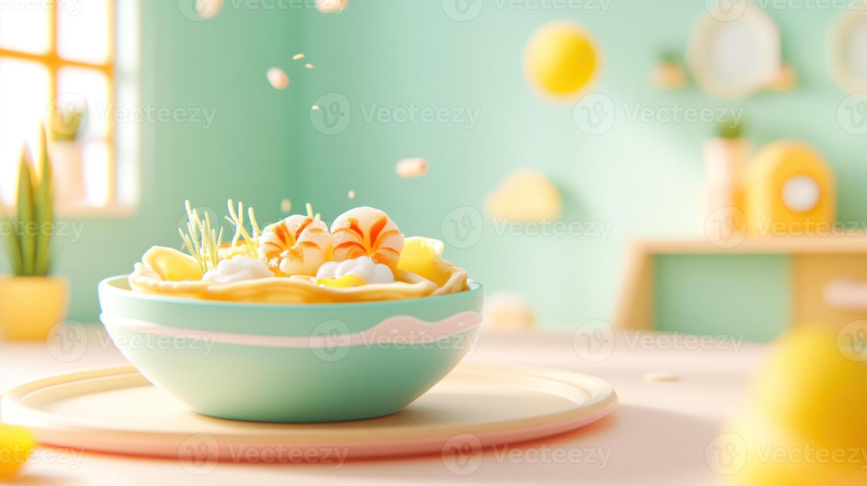 Shrimp Pasta bowl on kitchen table, food photography, vibrant background, use for advertising photo