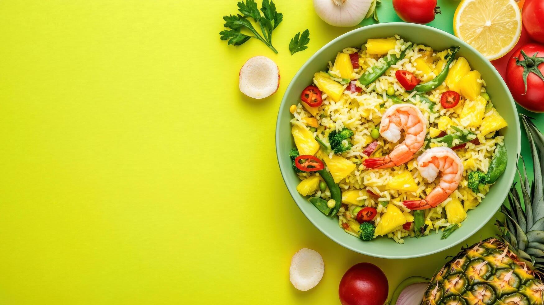 Shrimp pineapple rice bowl on vibrant background for menu, website, or culinary blog photo