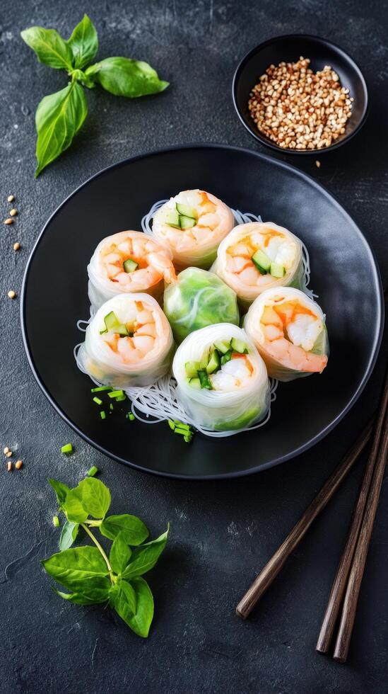 Shrimp rolls on a plate for light lunch or appetizer on a textured dark surface photo