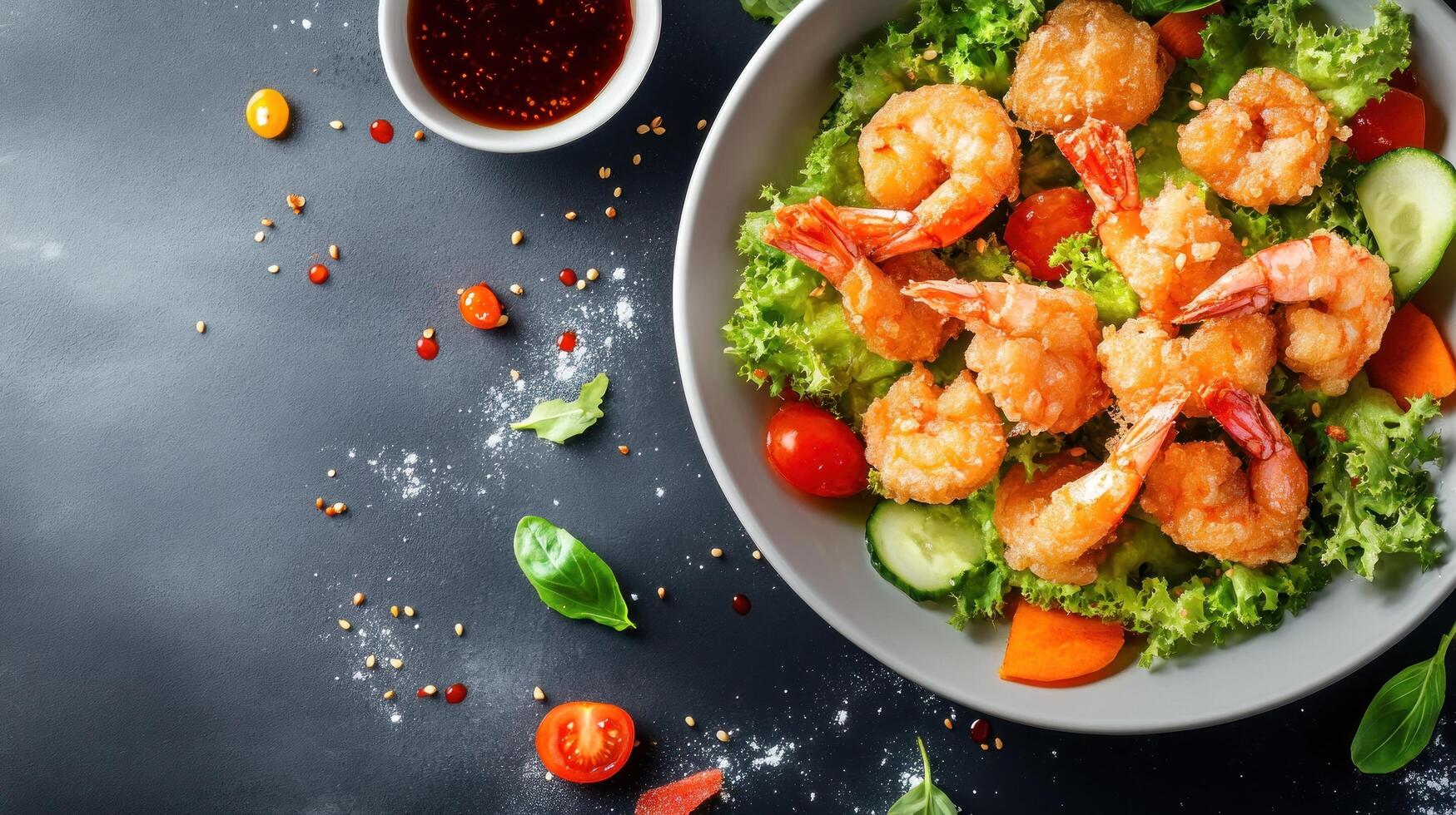 Shrimp salad dish with tomatoes, cucumber, lettuce. Healthy food, lunch photo